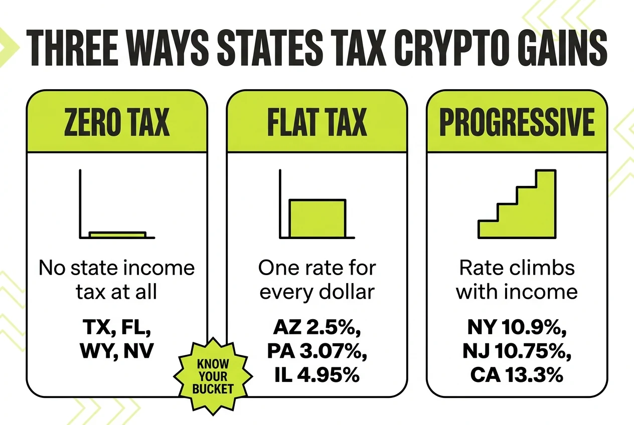 Three ways states tax crypto gains: zero tax, flat tax, and progressive rates with example states in each bucket