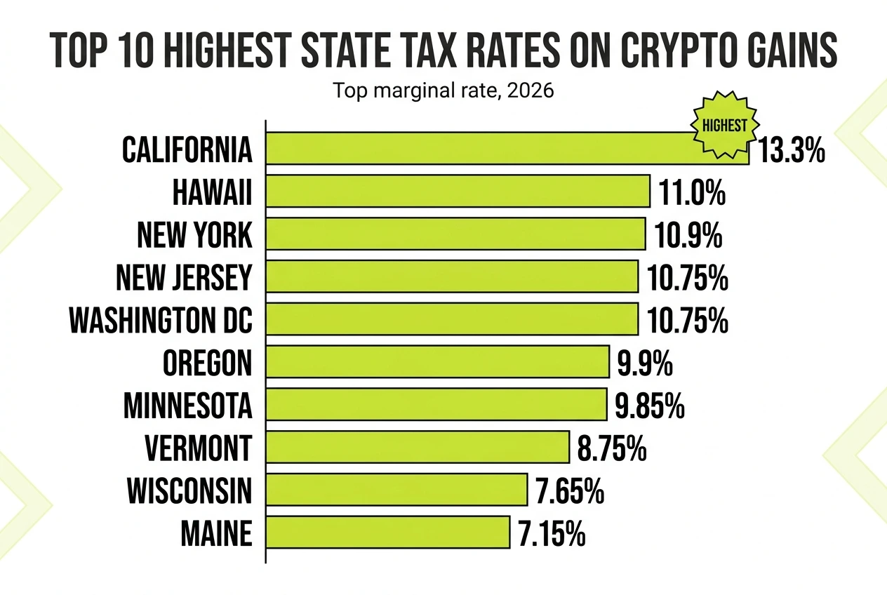 Bar chart of the ten highest state tax rates on crypto gains in 2026, from California at 13.3% down to Maine at 7.15%