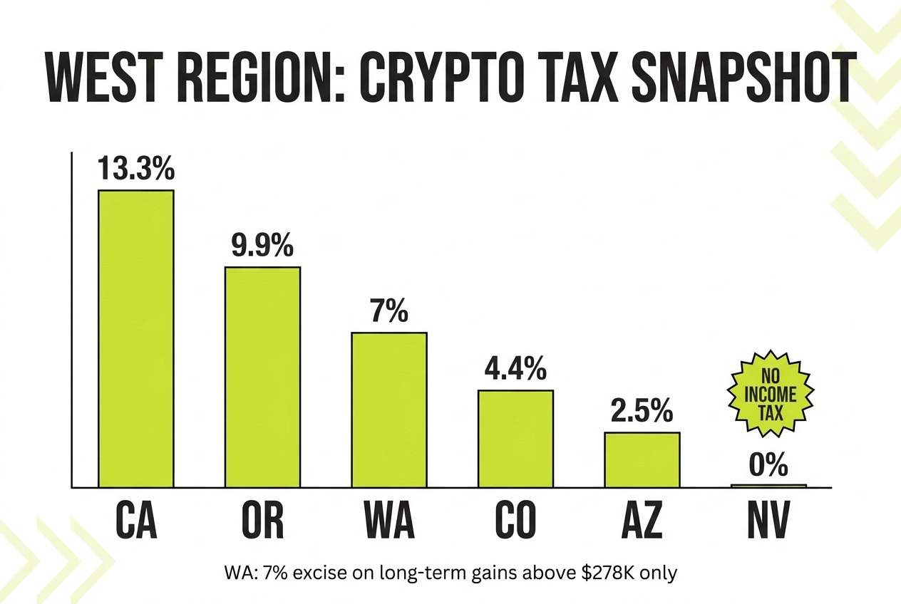 West region snapshot of top state tax rates on crypto gains, from California at 13.3% down to Nevada at zero