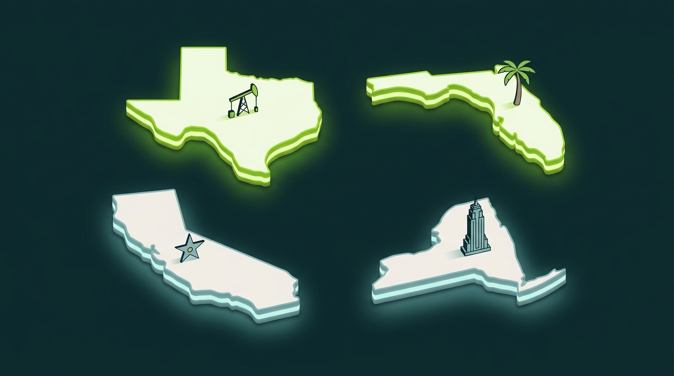 Isometric platforms representing four states with tax versus no-tax indicators