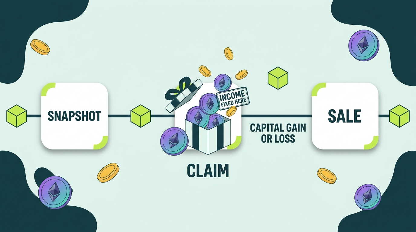 Timeline of an airdrop from snapshot through claim to sale, marking where income is fixed and where capital gain or loss begins