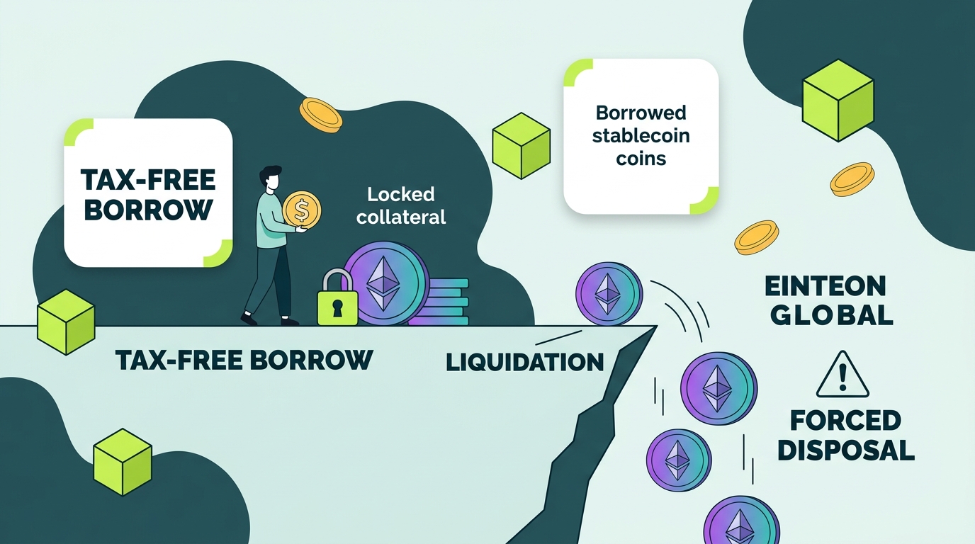 Diagram of a collateralized DeFi loan showing the tax-free borrow zone and the liquidation cliff where a forced disposal occurs