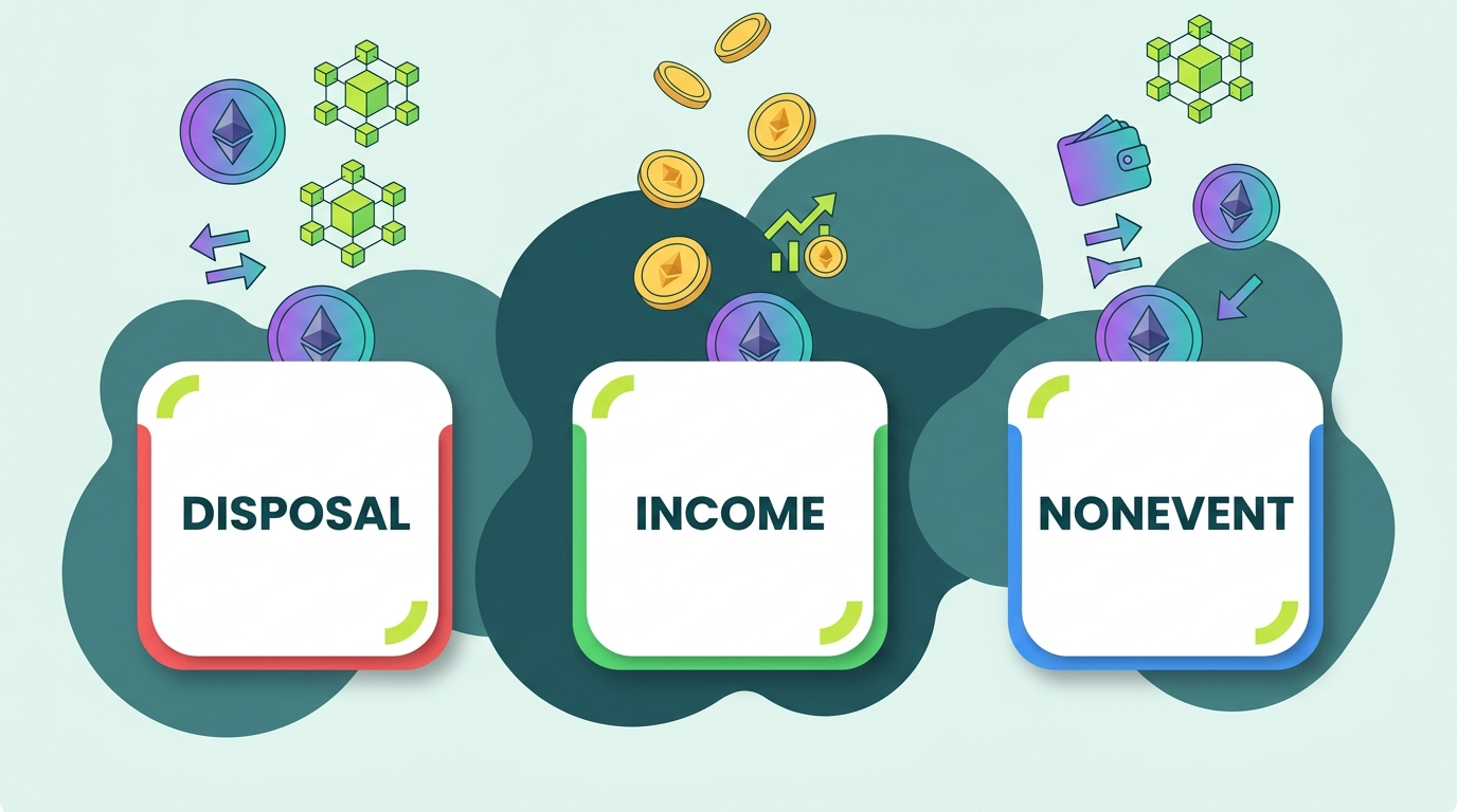 Three-bucket diagram sorting common Ethereum DeFi actions into disposal, income, and nonevent categories