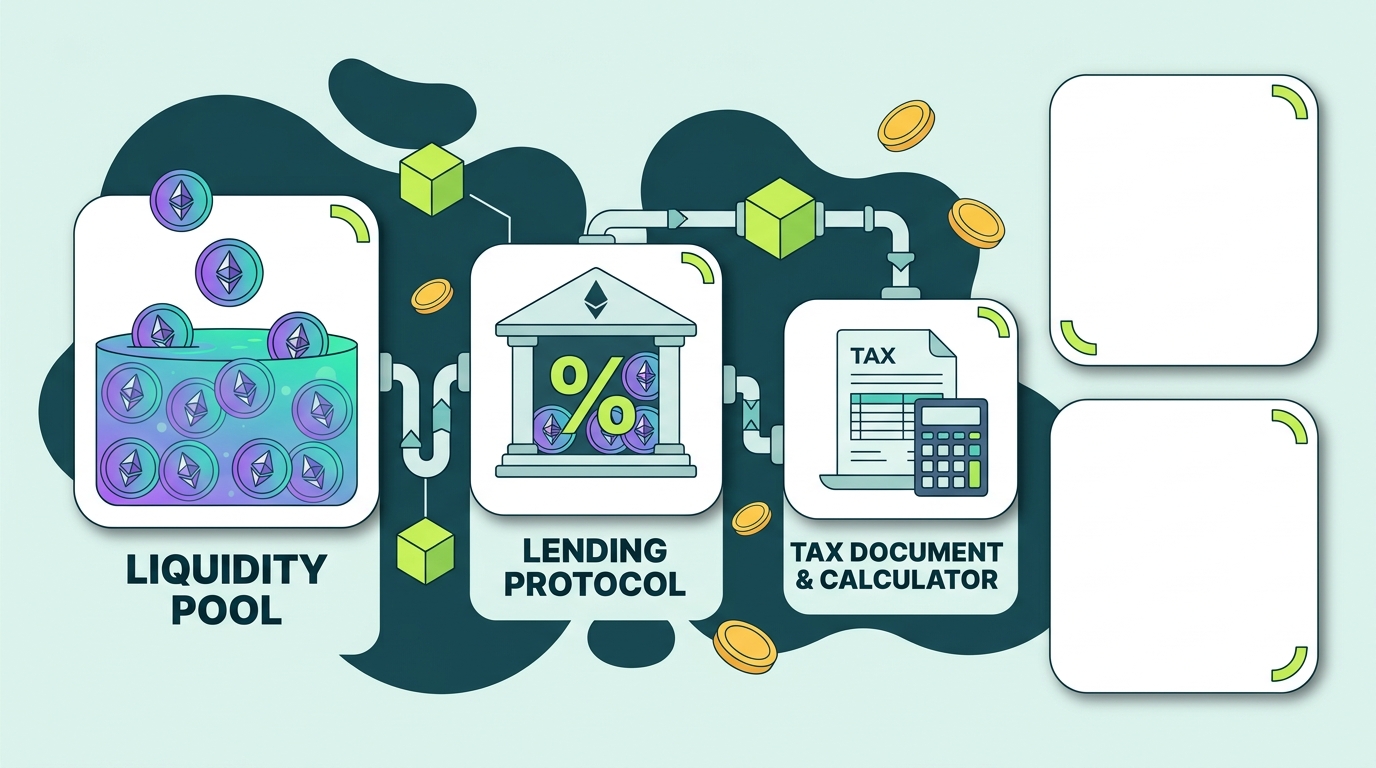 Count On Sheep | Ethereum DeFi taxes 2026 guide hero illustration with liquidity pool and lending protocol icons