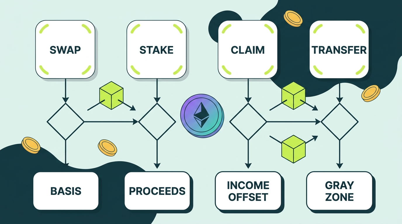Flowchart routing gas from different DeFi actions into basis, proceeds, income offset, or the gray zone