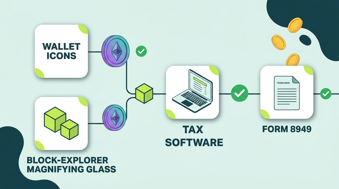 Checklist-style illustration of a gas record-keeping pipeline from wallets and explorers into tax software and Form 8949