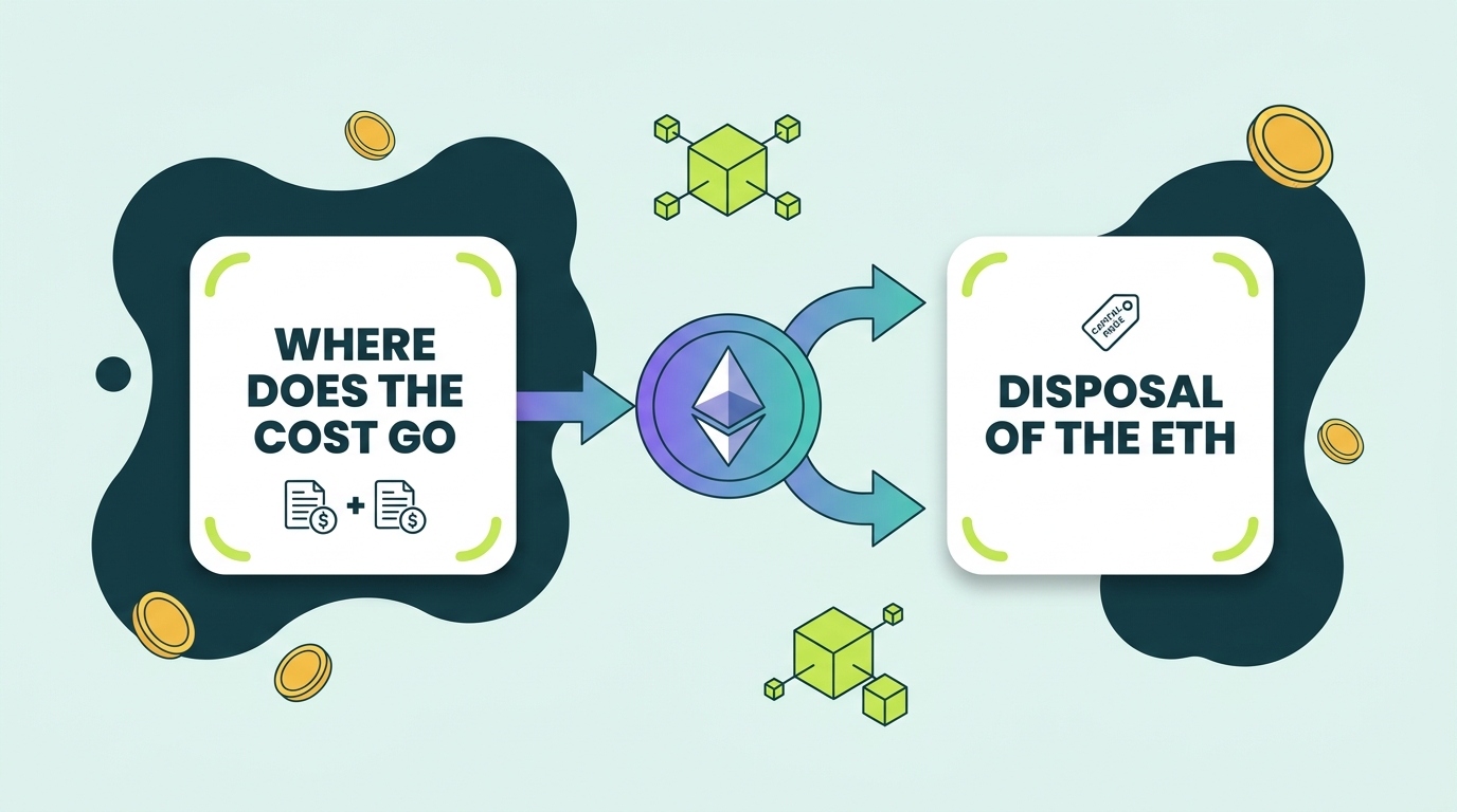 Diagram of a single Ethereum gas payment splitting into two tax questions: where the cost lands and the disposal of the ETH itself