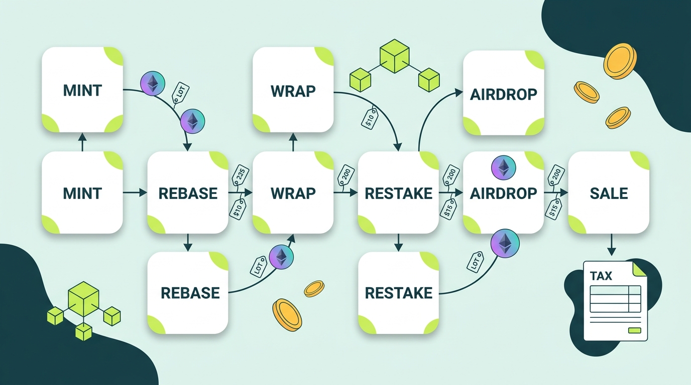 Flow diagram tracing cost basis lots through mint, rebase, wrap, restaking deposit, airdrop, and sale for an Ethereum liquid staking position