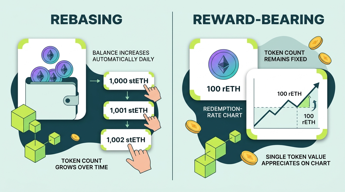 Comparison diagram of rebasing tokens like stETH increasing in balance versus reward-bearing tokens like rETH appreciating in redemption rate