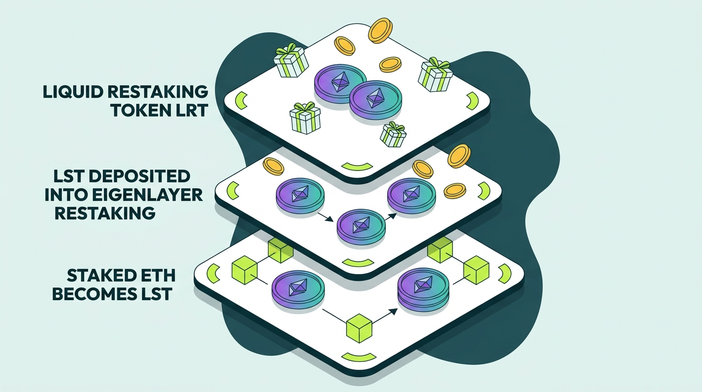 Layer diagram of ETH staked into an LST, deposited into EigenLayer restaking, and represented by a liquid restaking token earning points and airdrops