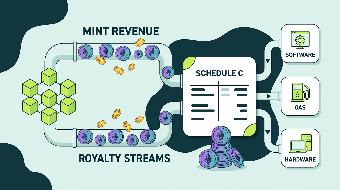 Diagram of NFT creator cash flows with mint revenue and royalty streams routing to Schedule C and expenses offsetting