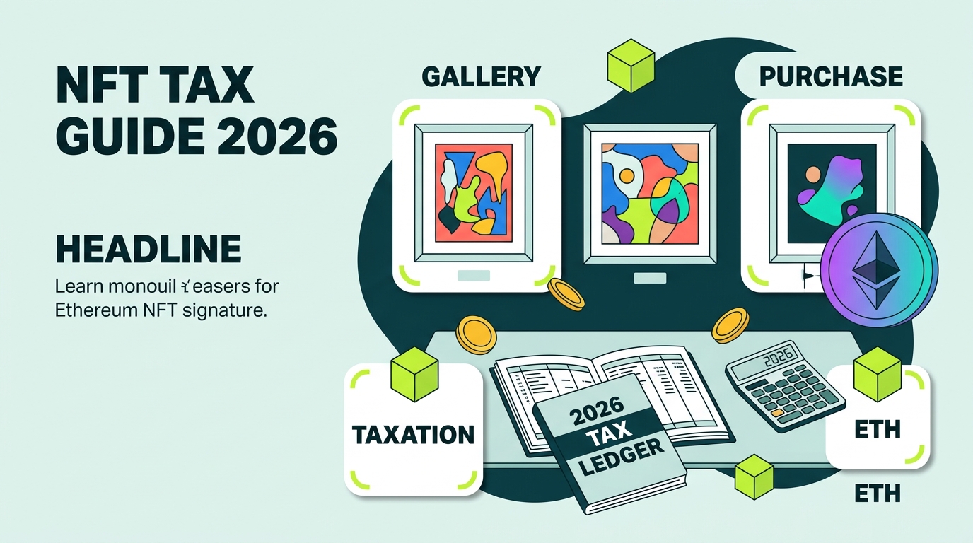 Count On Sheep | Ethereum NFT taxes 2026 guide hero illustration with gallery-framed NFTs and a tax ledger