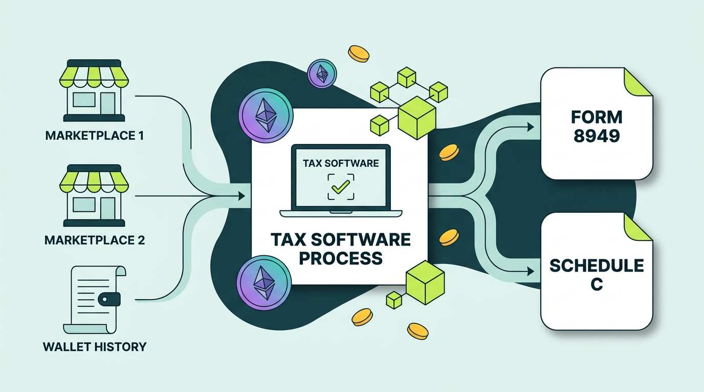 Records pipeline from OpenSea and Blur wallet history through tax software checks onto Form 8949 and Schedule C