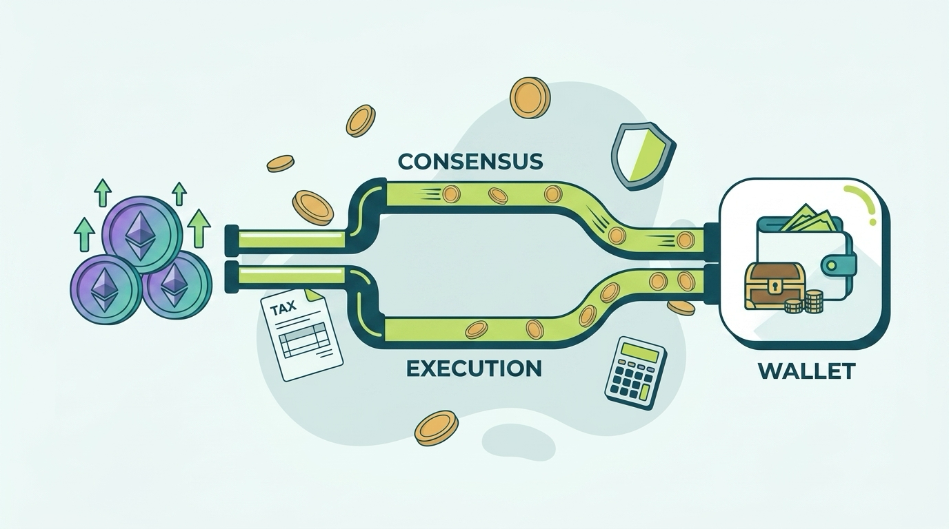 Diagram of Ethereum validator rewards flowing through consensus layer sweeps and execution layer fee payments to a staker's addresses