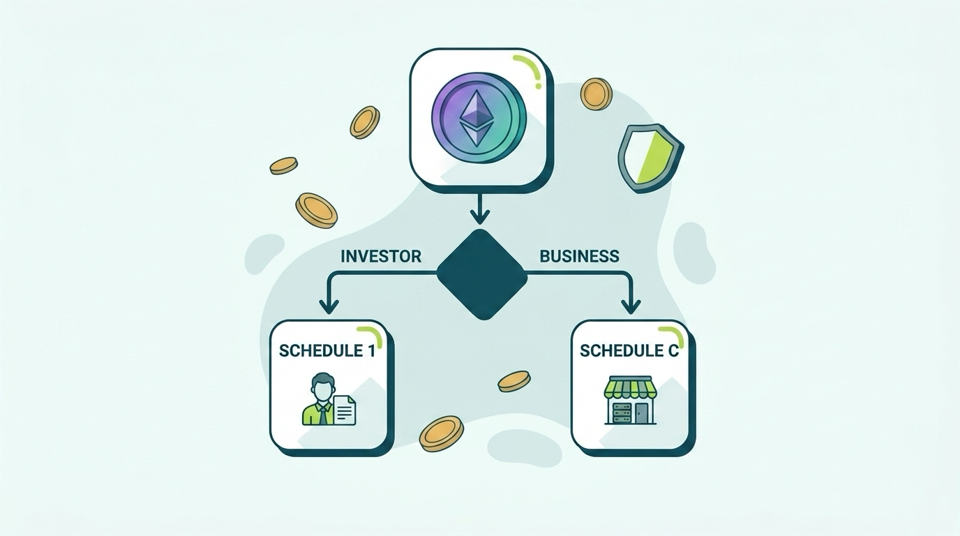 Decision tree showing Ethereum staking income routing to Schedule 1 for investors versus Schedule C for validator businesses