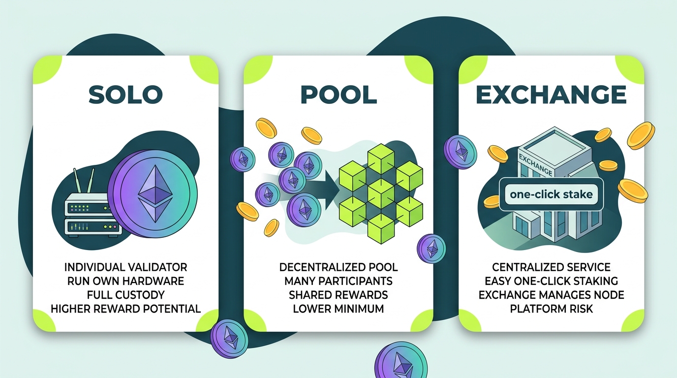 Comparison illustration of three Ethereum staking paths: solo validator with 32 ETH, decentralized staking pool, and centralized exchange staking
