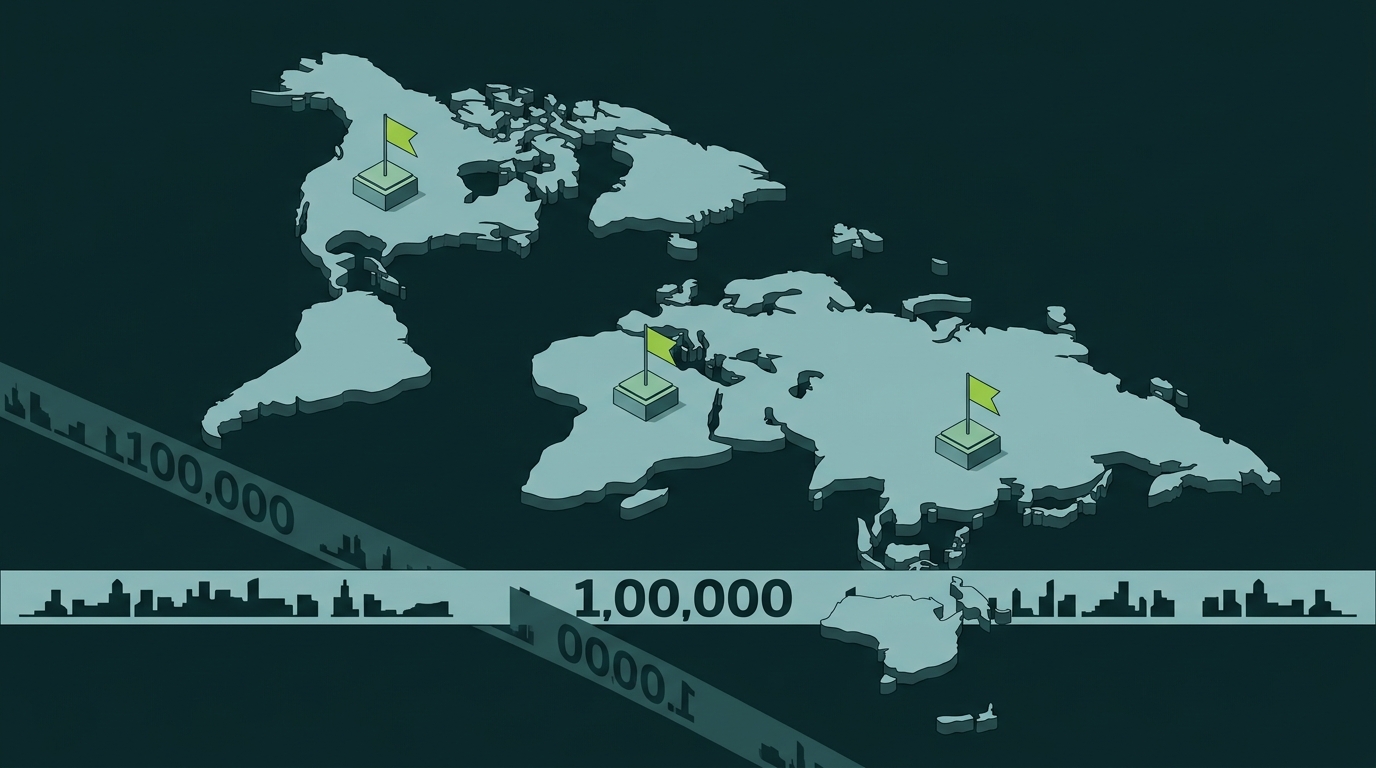 Isometric world map with foreign exchange flag markers and a horizontal threshold ribbon