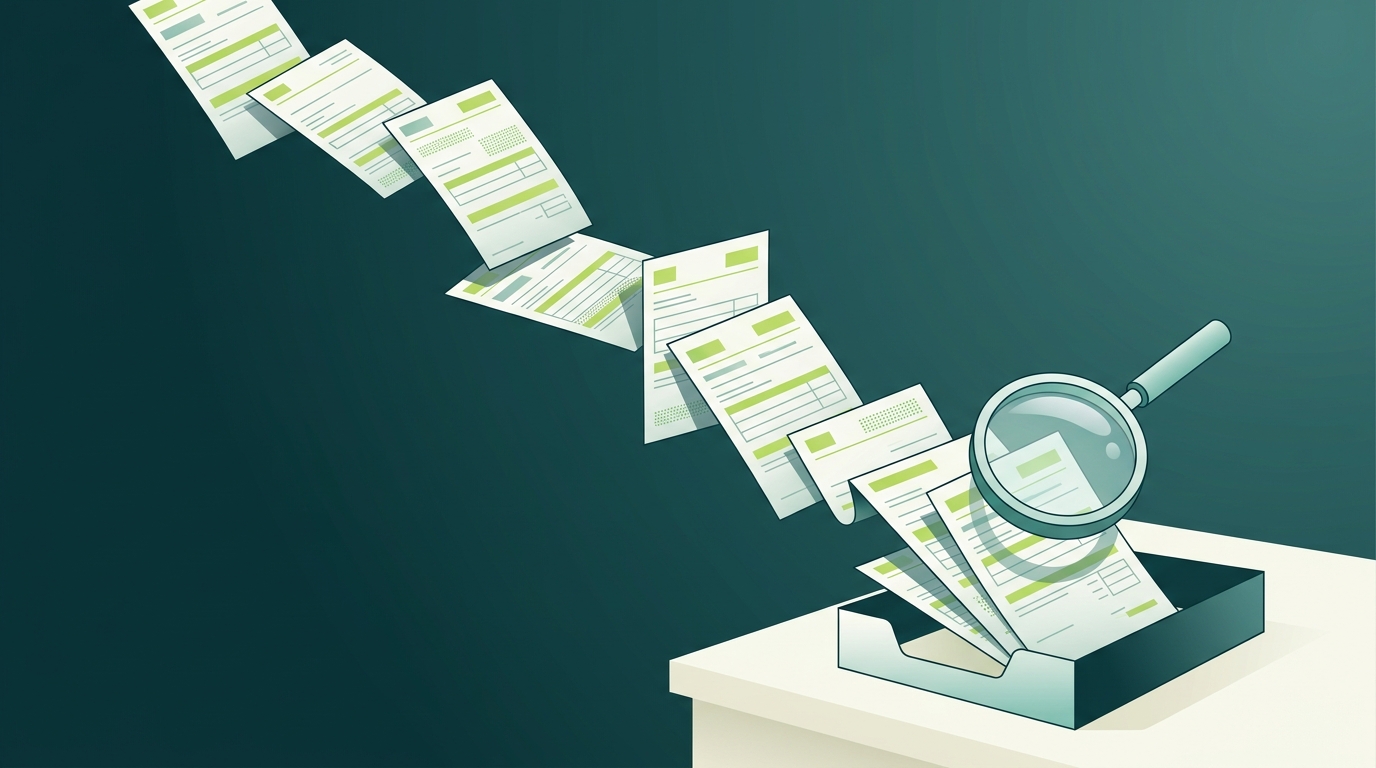 Cascade of stylized 1099-DA forms tumbling into an inbox tray with a magnifying glass
