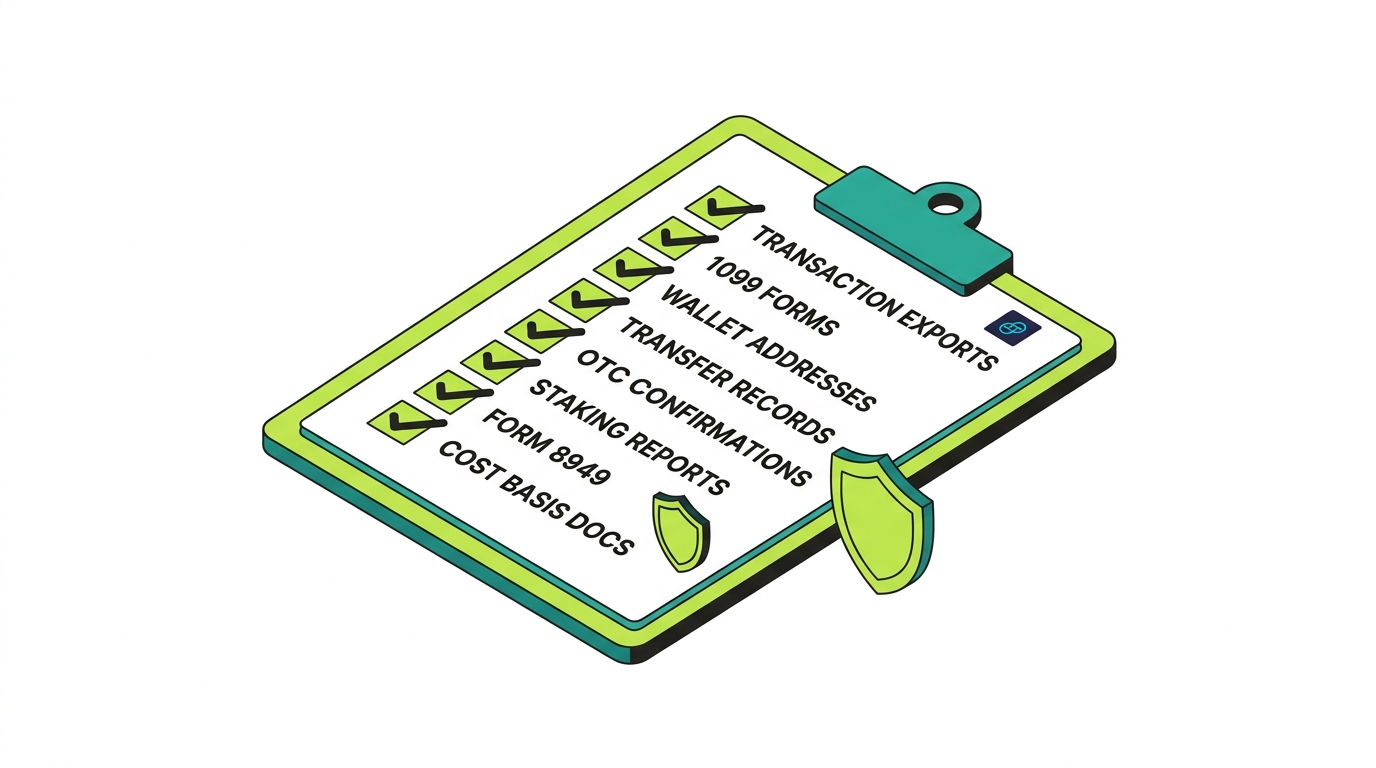 A Gemini tax audit documentation checklist on a clipboard with checkmarks for transaction exports, 1099 forms, wallet addresses, transfer records, OTC confirmations, staking reports, Form 8949, and cost basis documentation