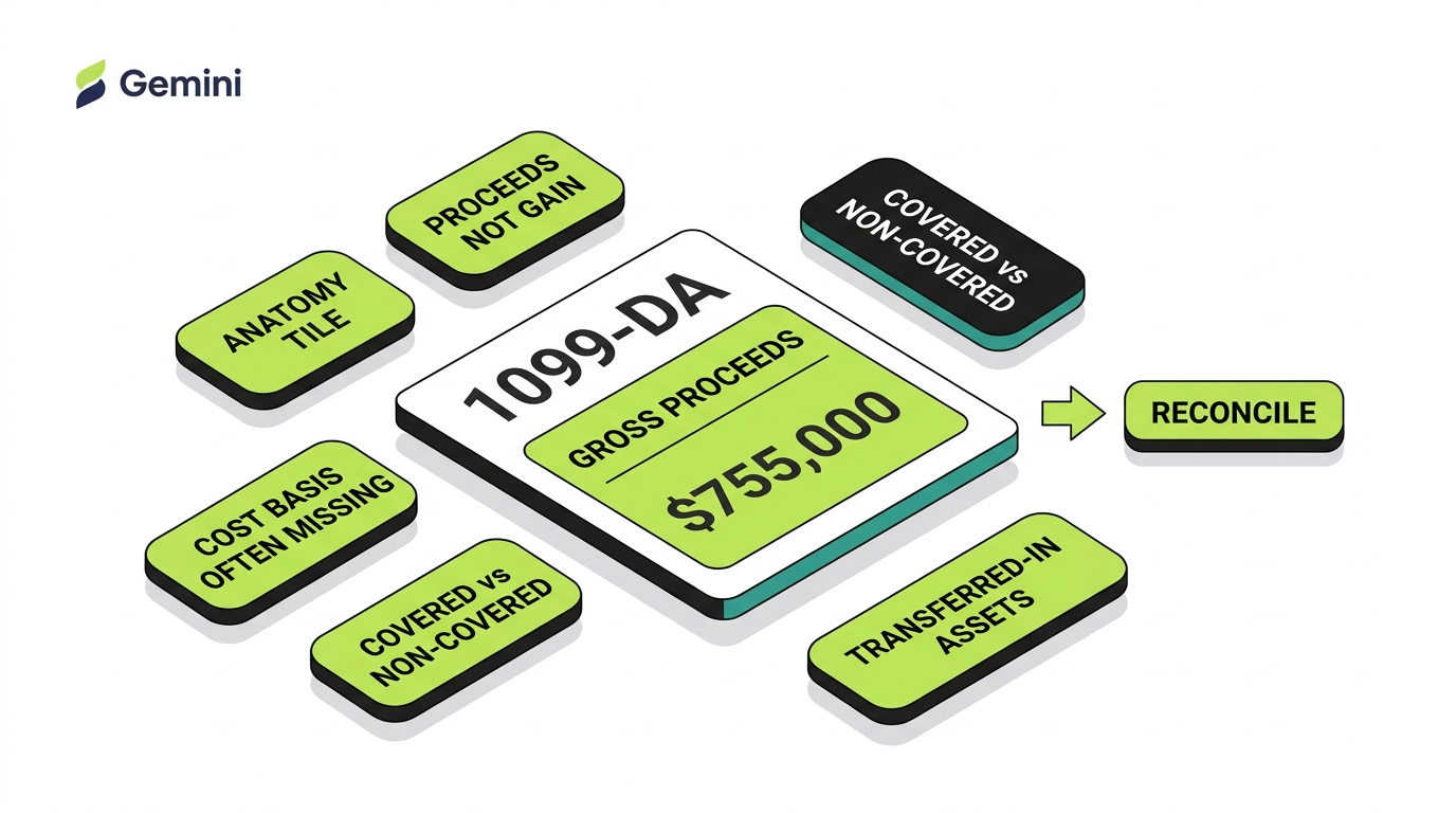 Anatomy of a Gemini 1099-DA: a large gross proceeds figure surrounded by callouts noting proceeds are not gain, cost basis is often missing, covered versus non-covered assets, and transferred-in assets