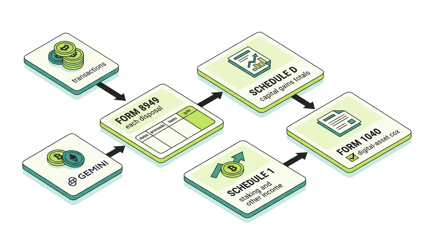 How to report Gemini on a tax return: Form 8949 for each disposal flowing into Schedule D for capital gains totals, Schedule 1 for staking and other income, all flowing to Form 1040 with the digital asset checkbox