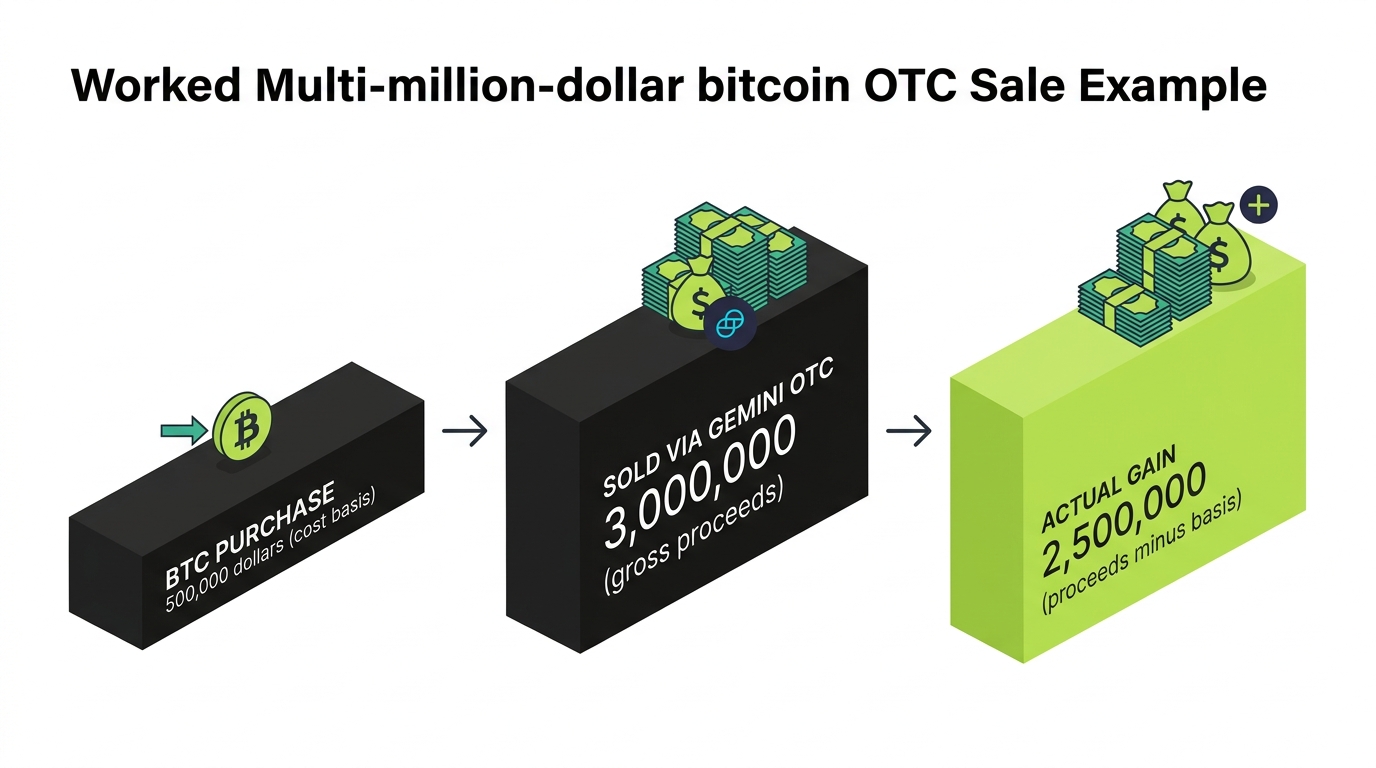 Worked Gemini OTC example: bitcoin purchased for 500,000 dollars, sold via Gemini OTC for 3,000,000 dollars, producing an actual gain of 2,500,000 dollars after subtracting cost basis