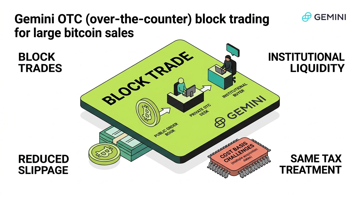 Gemini OTC block trading: a large bitcoin block trade routed through a private OTC desk to an institutional buyer, with labels for block trades, institutional liquidity, reduced slippage, same tax treatment, and a cost basis challenge warning