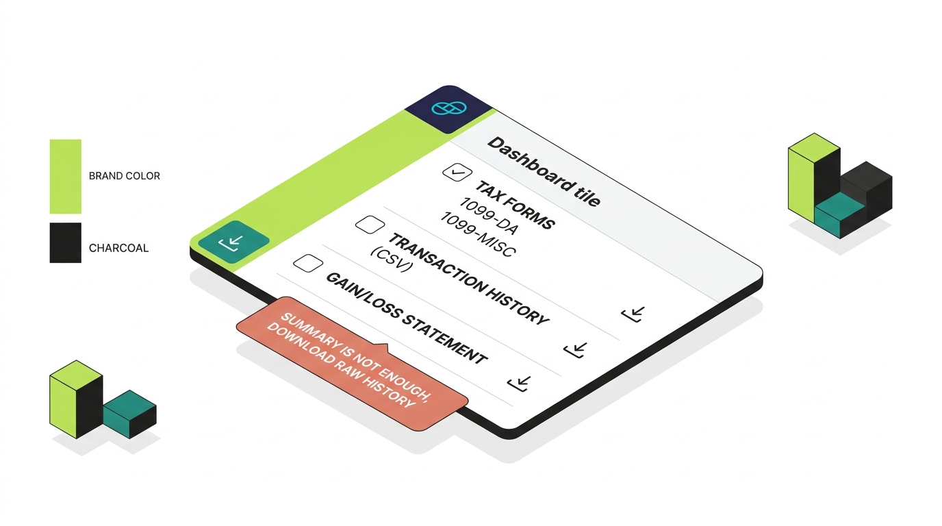 The Gemini Tax Center dashboard showing downloadable tax forms, transaction history CSV, and gain/loss statements, with a note that the summary alone is not enough and you should download the raw history