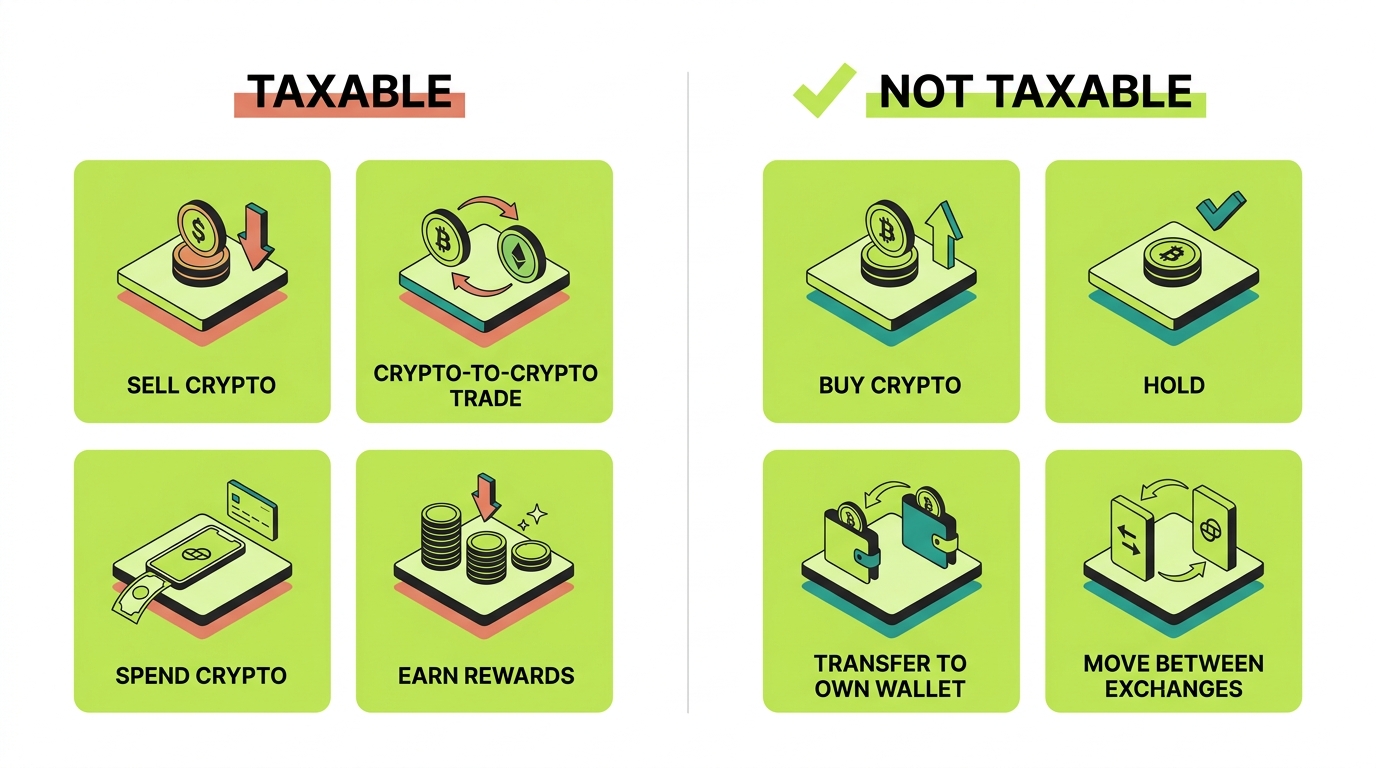 Taxable versus non-taxable events on Gemini, shown in two columns: taxable includes selling, crypto-to-crypto trades, spending, and rewards; non-taxable includes buying, holding, and transfers