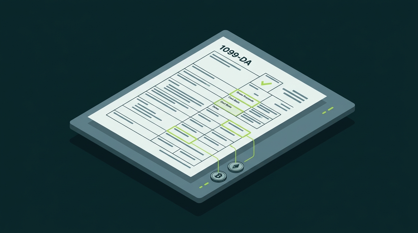 Isometric illustration of an IRS Form 1099-DA with crypto coins feeding gross proceeds, cost basis, and date fields