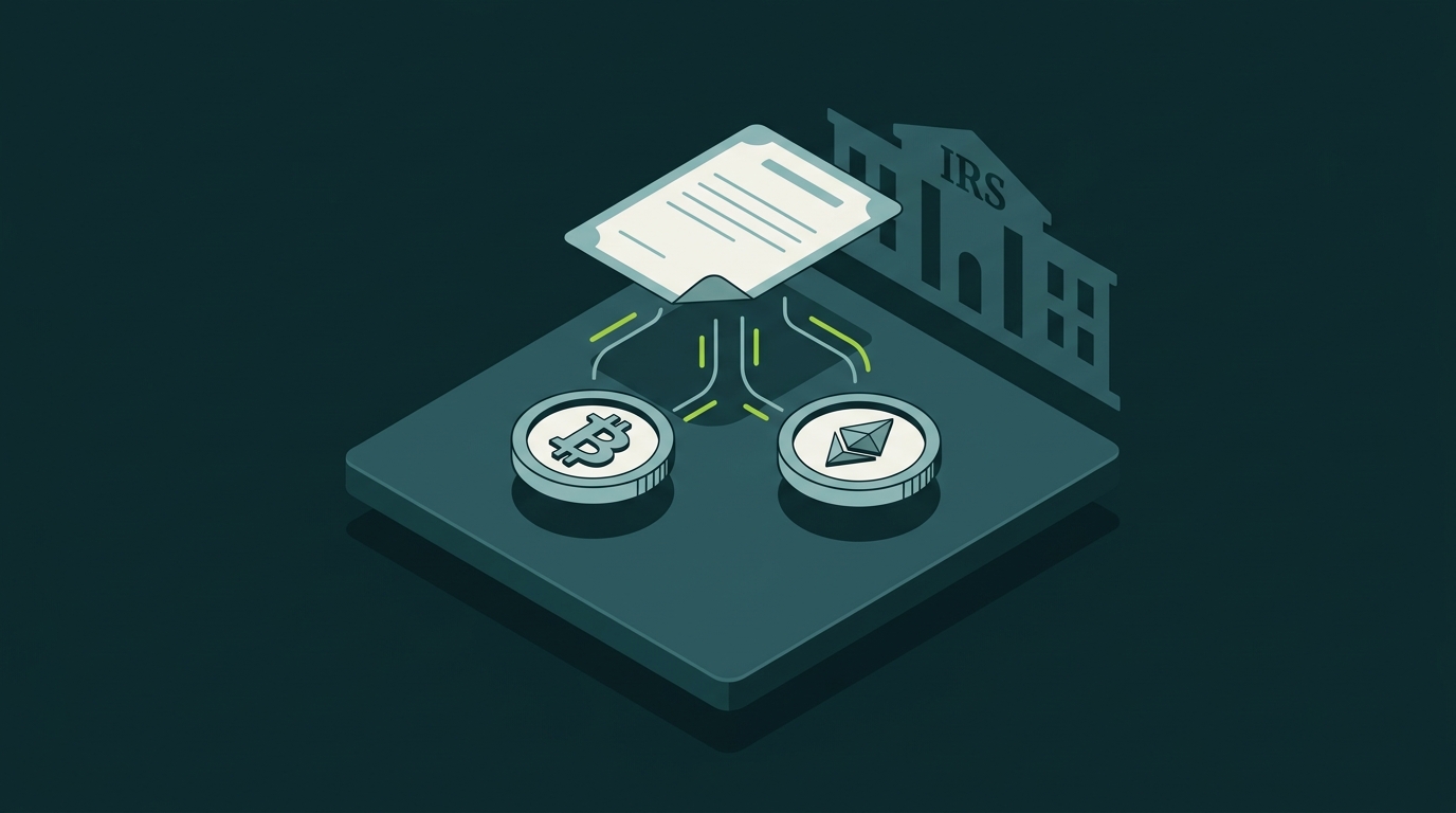 Isometric scene of a small property tag floating between an IRS building and a stack of crypto coins