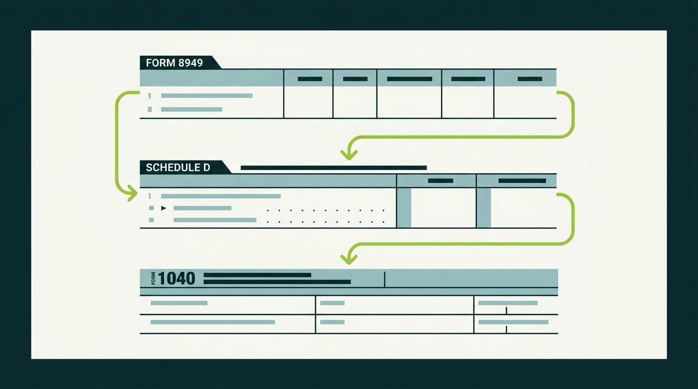 Data flow diagram showing how Form 8949 totals flow into Schedule D and Form 1040