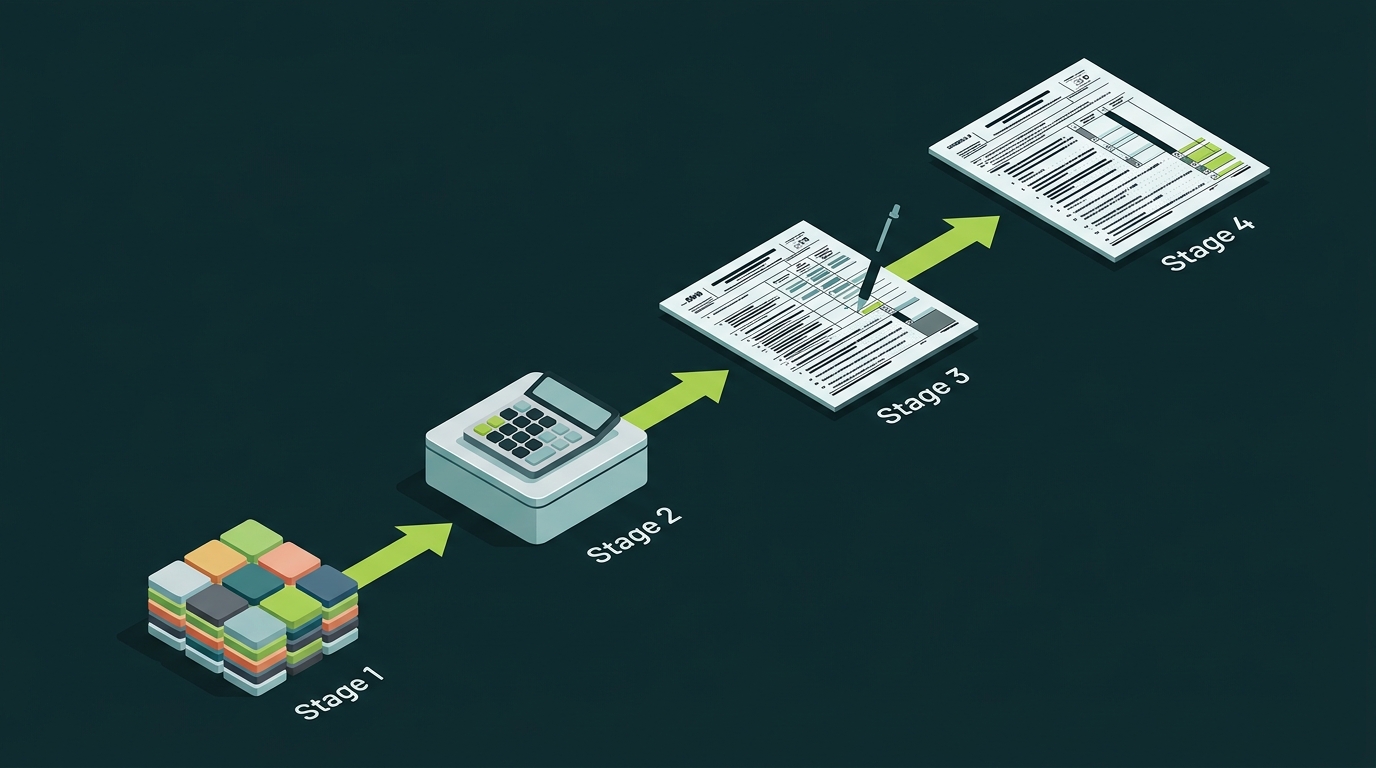 Isometric pipeline showing flow from raw transactions through Form 8949 to Schedule D