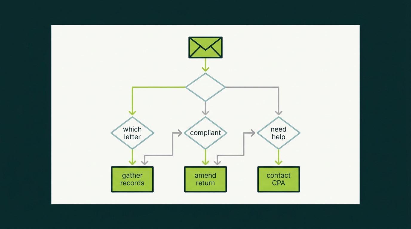 Decision flowchart for responding to an IRS crypto letter with three decision diamonds and three terminal actions
