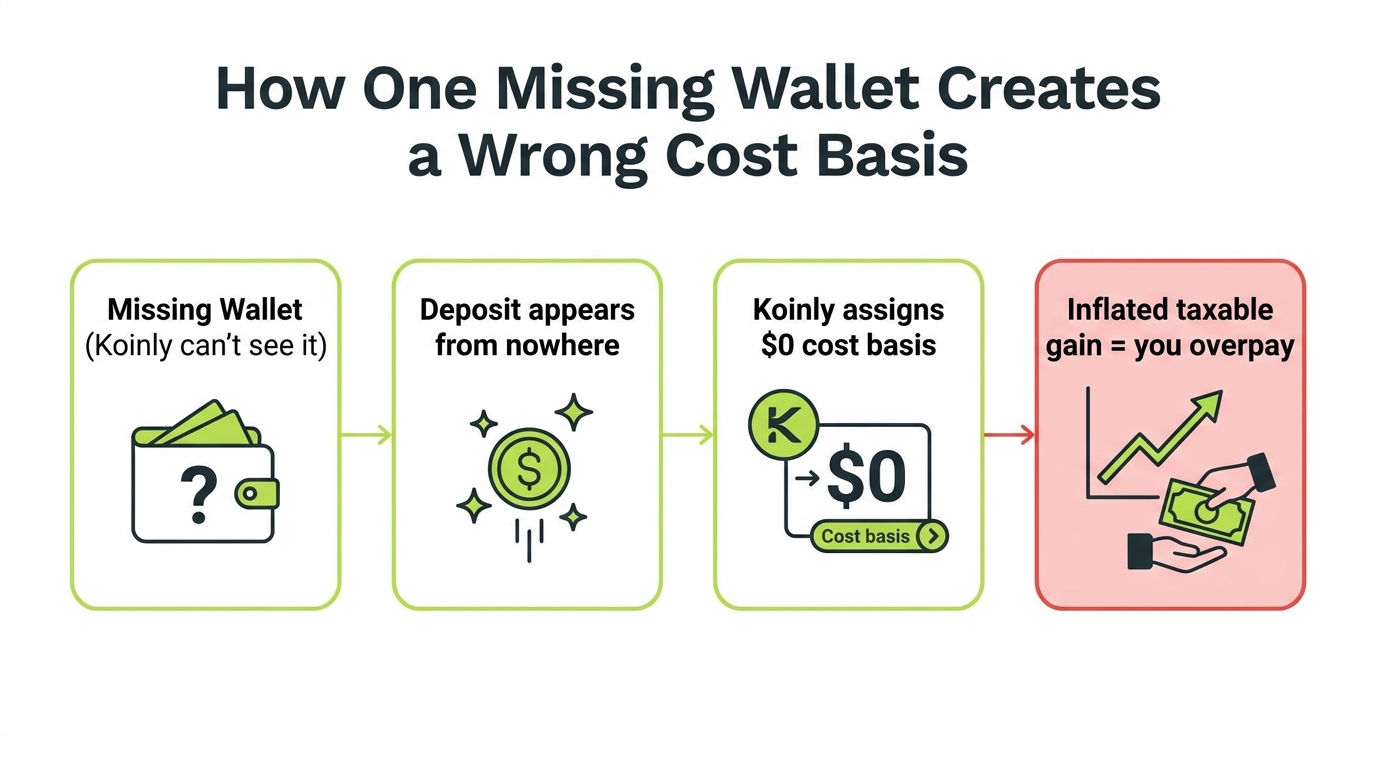Diagram showing how a missing wallet causes an untraceable deposit, a $0 cost basis, and an inflated taxable gain in Koinly