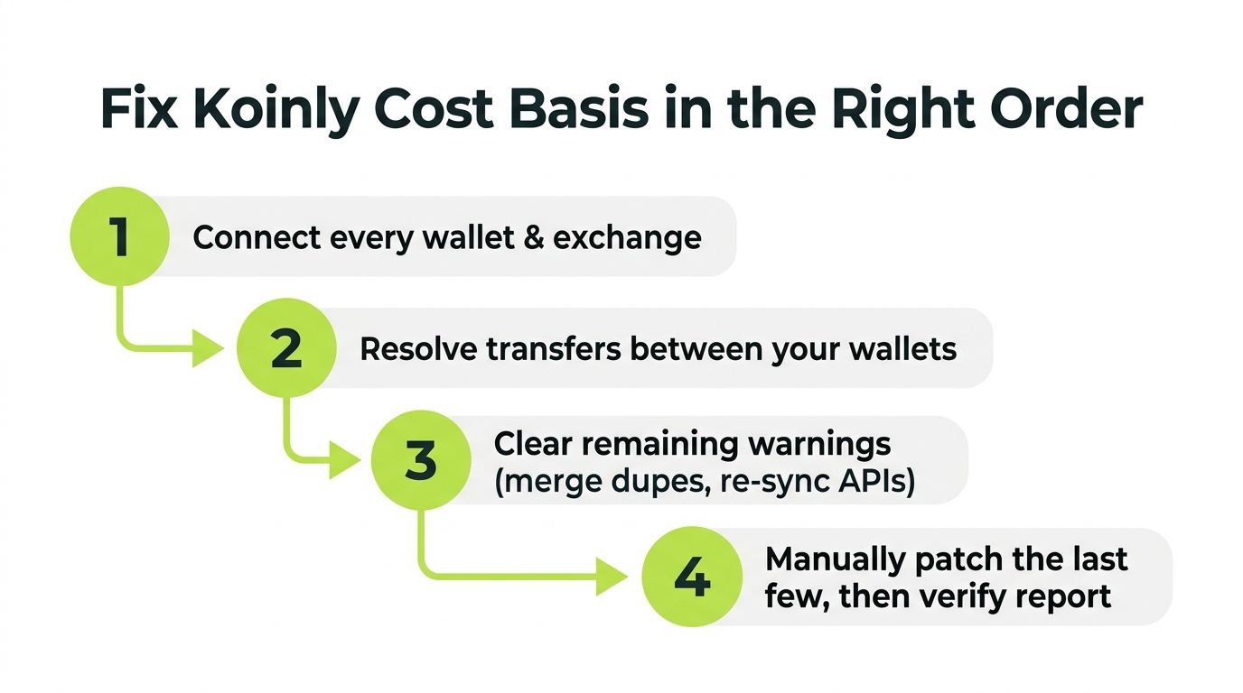 Numbered four-step flow diagram for fixing Koinly cost basis: connect all sources, resolve transfers, clear remaining warnings, then verify the report