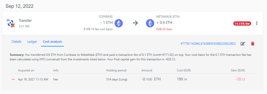 Koinly transfer detail showing a Coinbase to MetaMask move with its cost analysis, so the original cost basis carries across the transfer