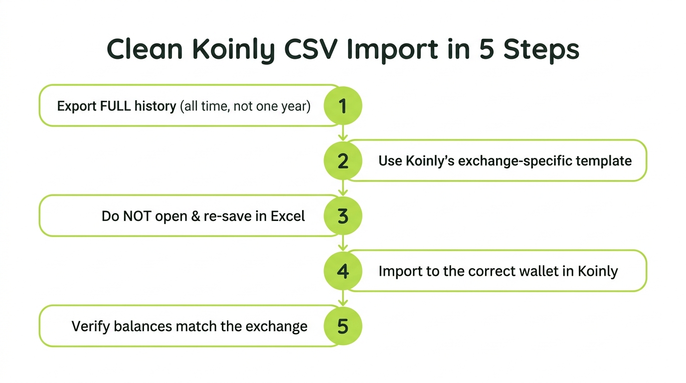 Numbered five-step flow: export full history from exchange, use Koinly template, do not re-save in Excel, import to Koinly, verify totals