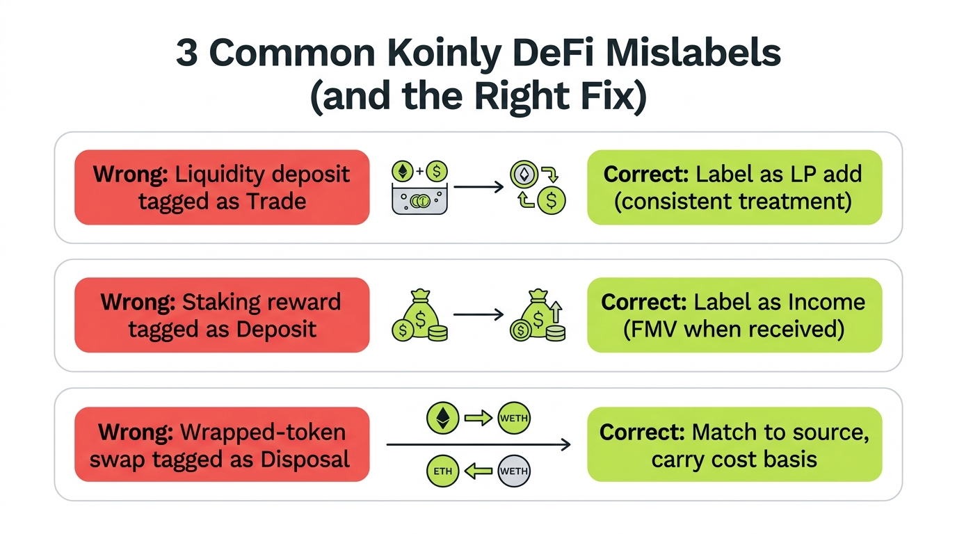 Diagram showing three common Koinly DeFi mislabels: liquidity deposit tagged as trade, staking reward tagged as deposit, wrapped-token swap tagged as disposal, each with the correct label beside it