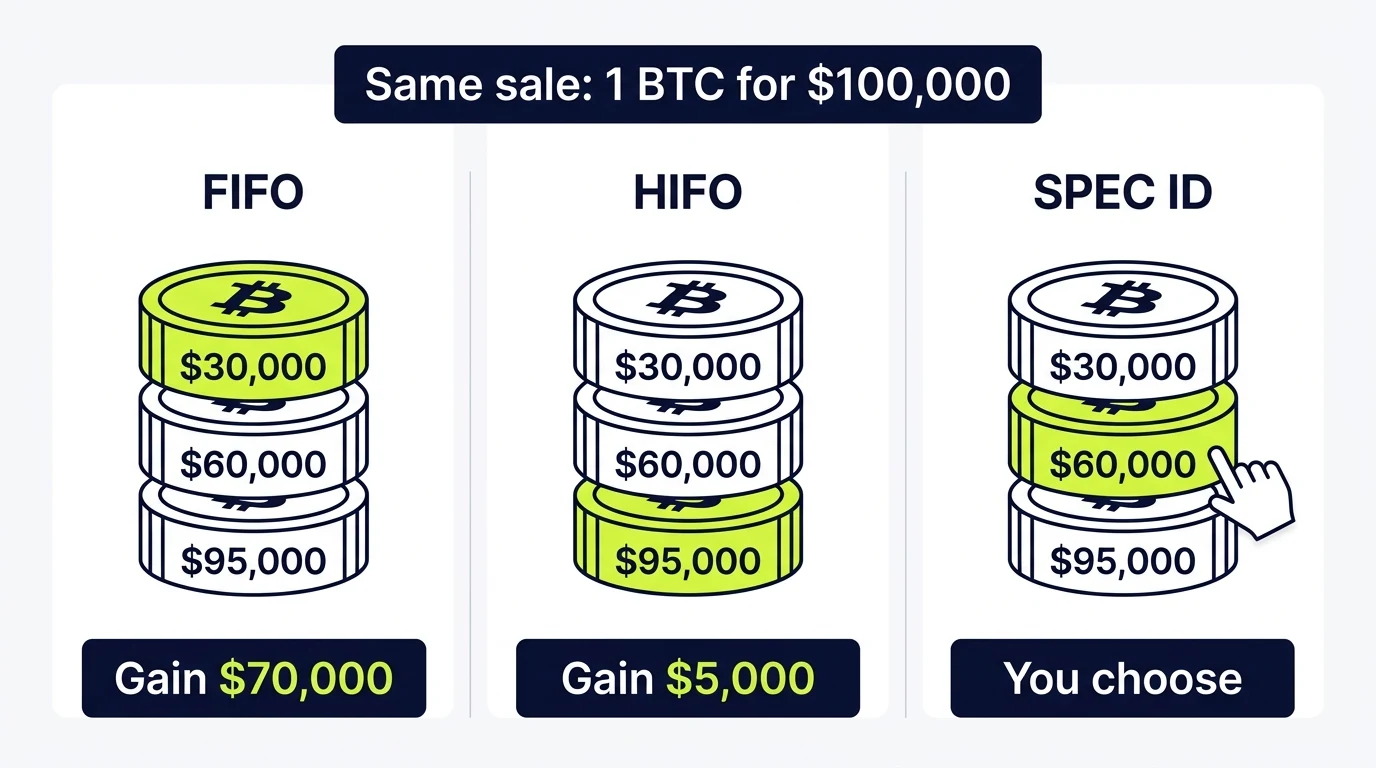 Comparison of FIFO, HIFO, and Spec ID cost basis methods in Koinly showing different taxable gains from the same crypto sale