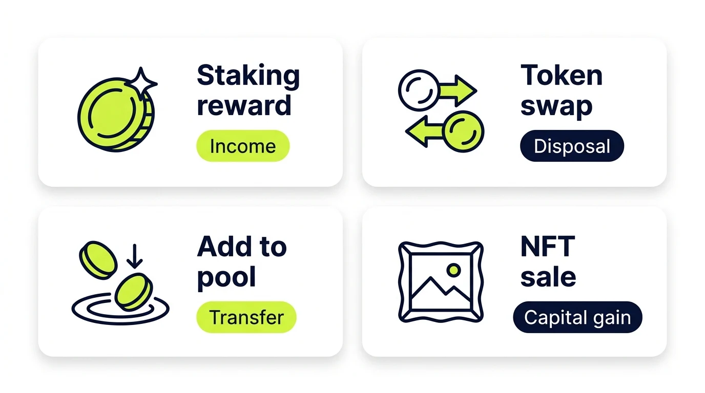 How Koinly classifies DeFi activity including staking rewards, liquidity pools, NFT trades, and margin positions with tags