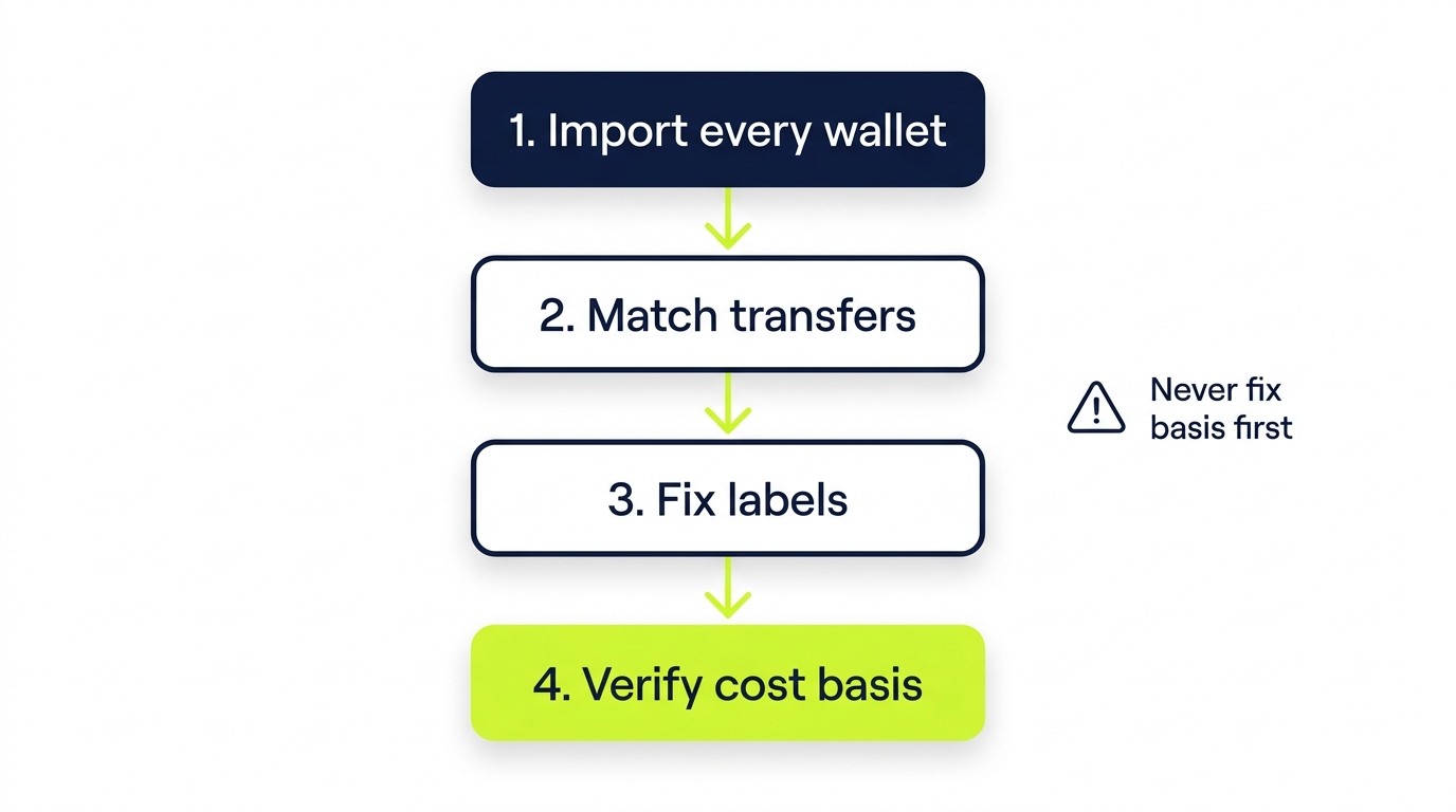 Koinly error fixing decision flow covering missing transactions, negative balance warnings, API sync failures, and wrong cost basis