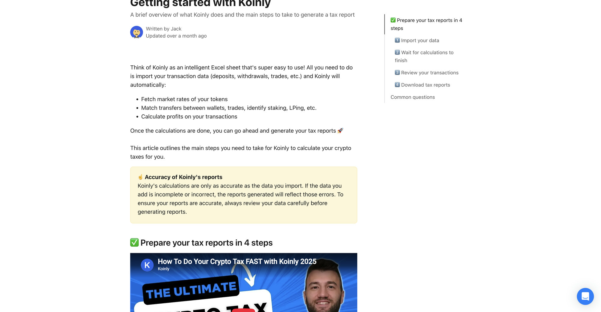 Koinly's official getting started help article showing the four step process to prepare crypto tax reports