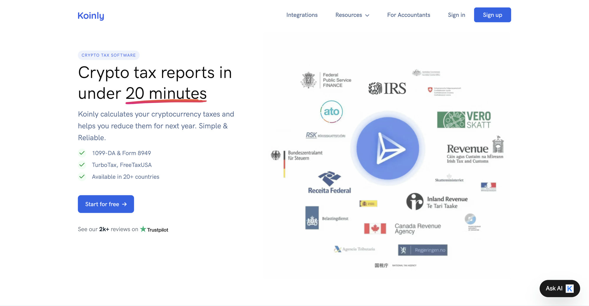 Koinly homepage in 2026 advertising crypto tax reports in under 20 minutes with 1099-DA and Form 8949 support