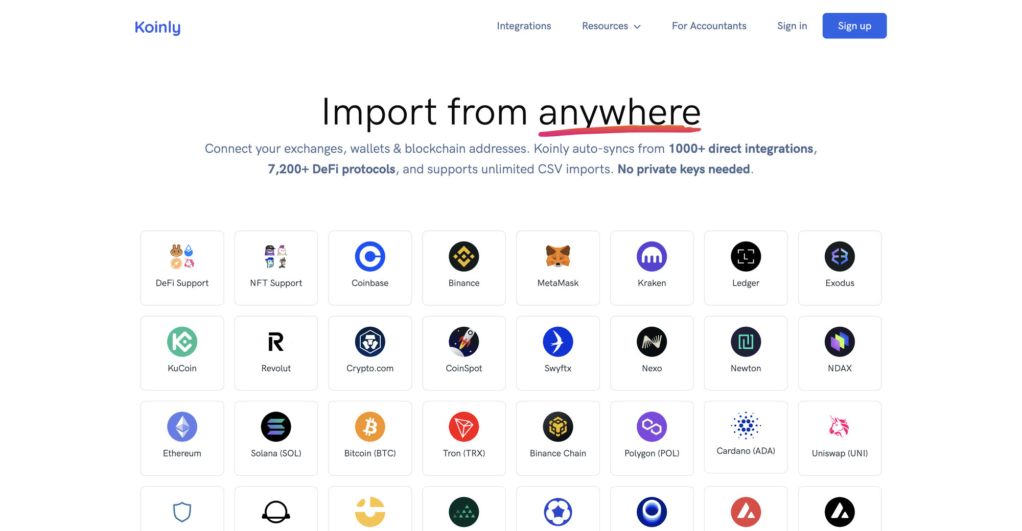 Koinly integrations page in 2026 showing 1000 plus direct integrations including Coinbase, Binance, MetaMask, Kraken, and Ledger