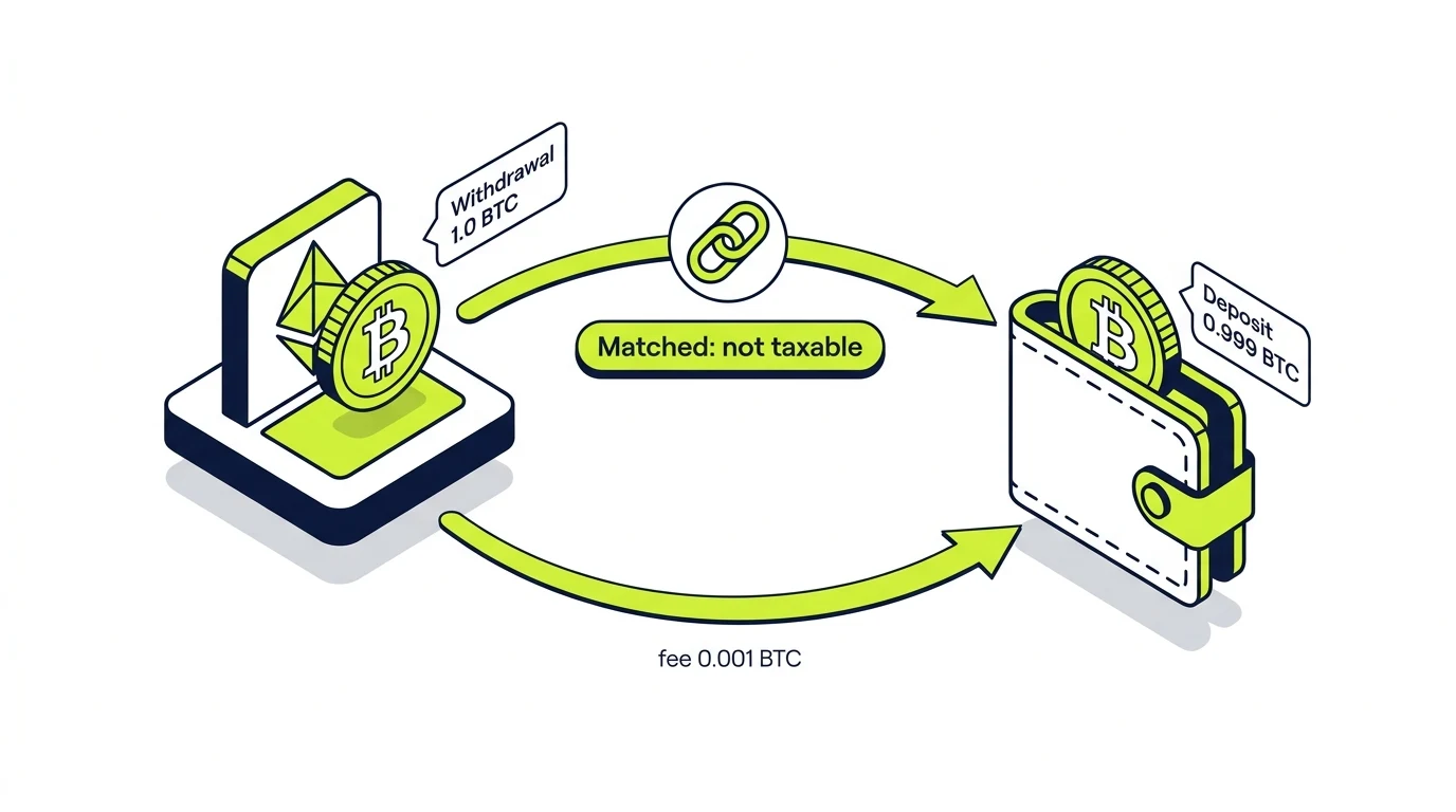 Koinly transfer matching diagram showing a withdrawal and deposit between your own wallets merged into one non-taxable transfer
