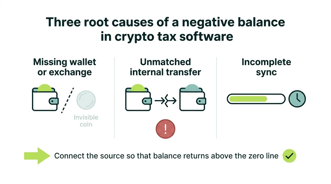 Diagram showing the three root causes of a negative balance in crypto tax software: a missing wallet or exchange, an unmatched internal transfer, and an incomplete sync, plus the fix of connecting the source so the balance returns above zero