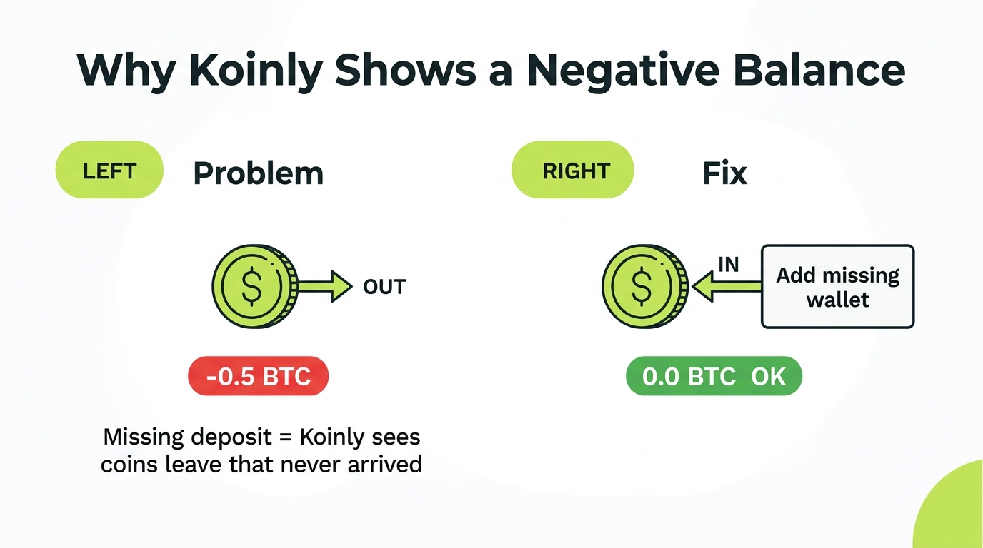 Diagram showing a missing deposit causing a negative balance in Koinly, and how adding the source wallet corrects it