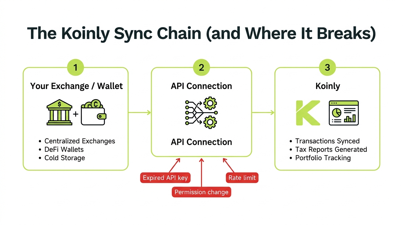 Diagram of the Koinly sync chain from exchange API to Koinly, showing where an expired key, permission change, or rate limit breaks the flow