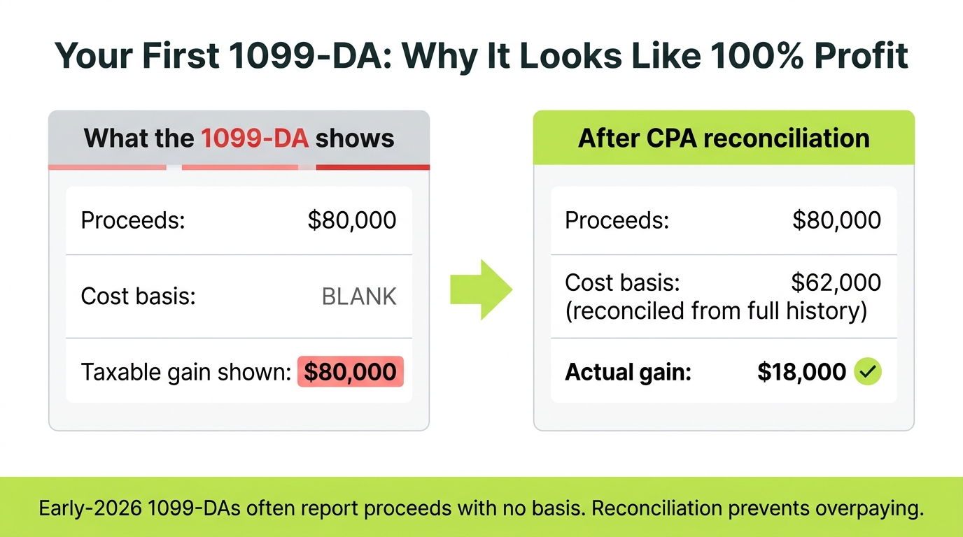 Before-and-after showing a 1099-DA reporting $80,000 proceeds with a blank cost basis, making the gain look like $80,000, versus the reconciled result of $62,000 basis and an actual $18,000 gain